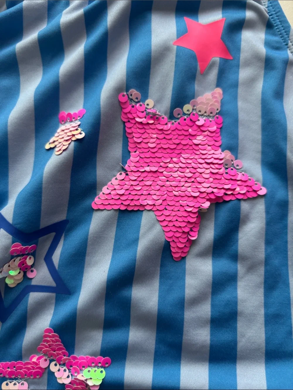 Lands' End Blue Striped One-Piece Swimsuit with Pink Sequin Stars -709sku